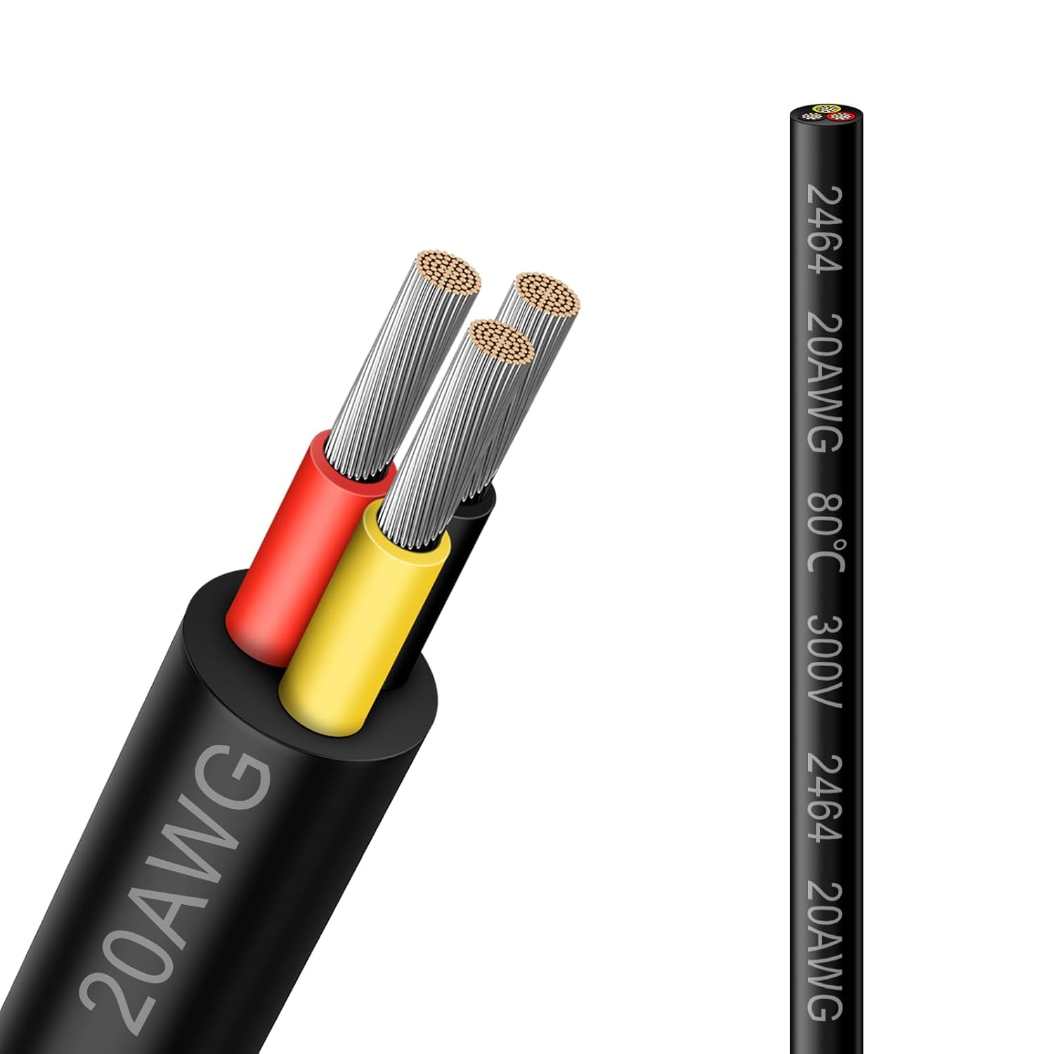 20 AWG Electrical Cable, 2/3/4/5 Conductor Stranded Tinned Copper Wire, Black/White PVC Sheathed Flexible Extension Cord for DIY Wiring, 10/20/50m (33ft–165ft) Options