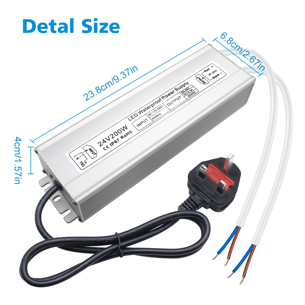 Pilote LED étanche 24 V, entrée 175–265 V, 200–500 W, sortie simple/double fil, adaptateur secteur extérieur, CE/RoHS/FCC — Options de fiches et de câbles UK/EU