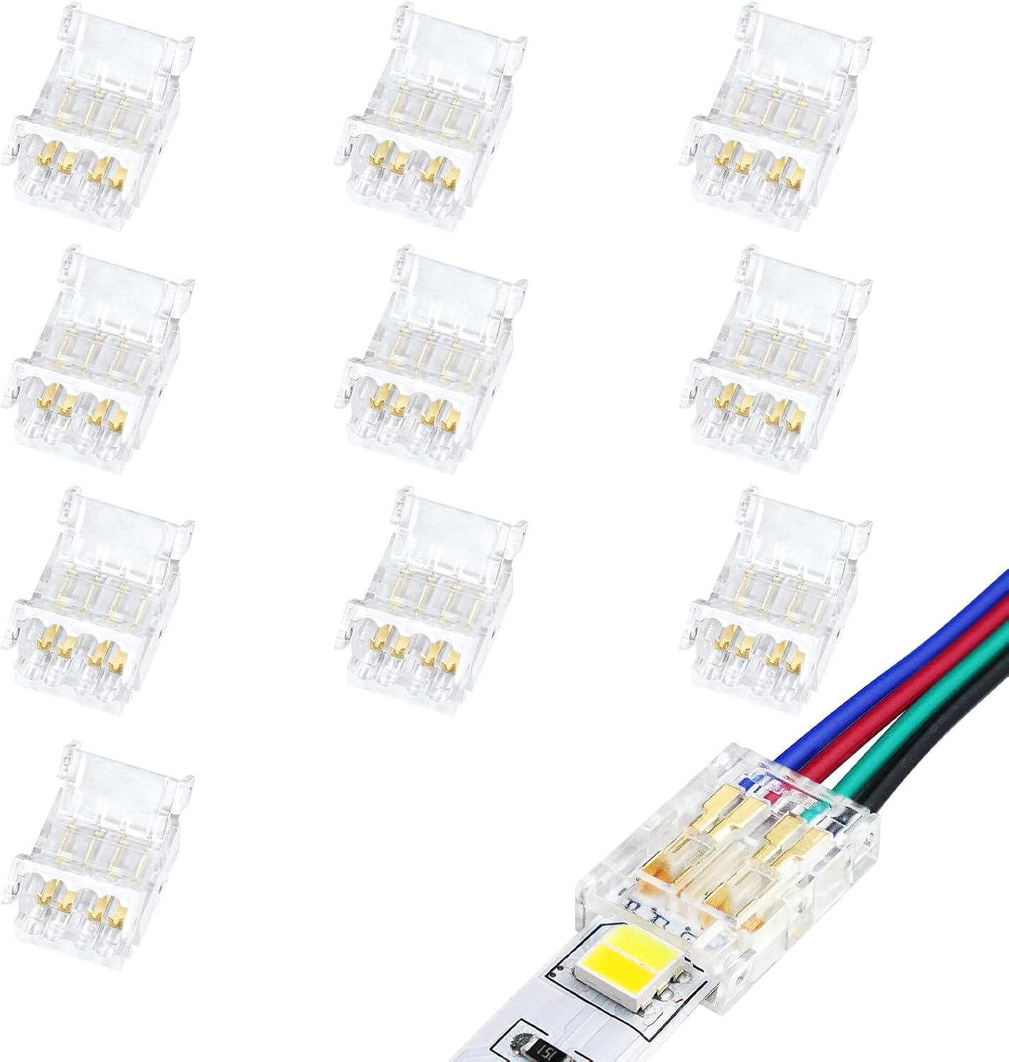 Transparente Kristall-LED-Streifenverbinder – 10 mm 4-polige lötfreie Clips | Streifen zu Kabel / Streifen zu Streifen / Buchsenstecker – Lokaler Lagerbestand US/UK