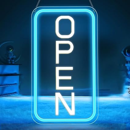 Enseigne néon verticale « OPEN » – Alimentation USB | 44 × 24 cm | 6 couleurs | Suspension LED pour vitrine