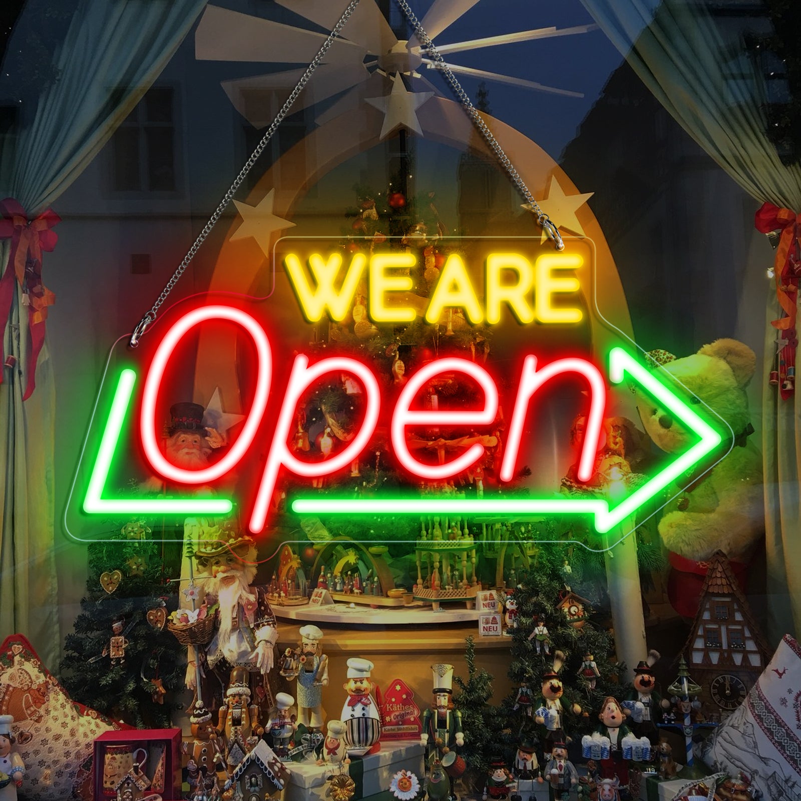 WE ARE OPEN Neon Sign – USB Powered | 16×8 inch (41×20 cm) | Arrow Shape LED Window Sign | 3 Color Combos for Storefront Display