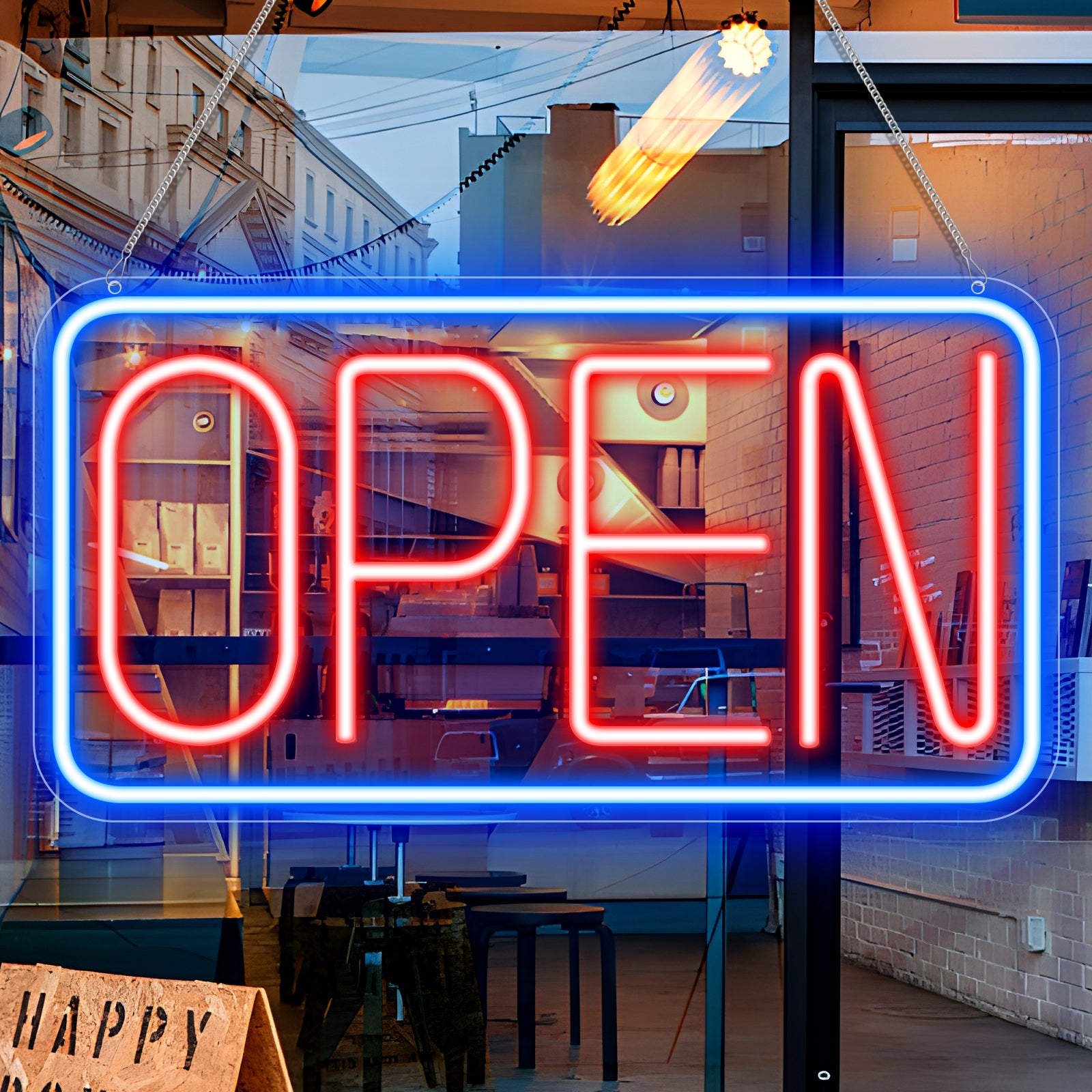 Enseigne néon OPEN – Alimentation USB | 44 x 24 cm | 6 couleurs disponibles | Suspension LED pour vitrine