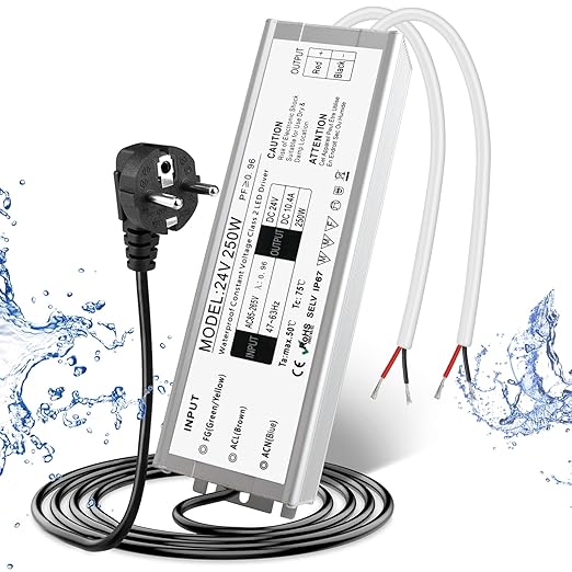 24V Waterproof LED Power Supply 30W–300W, 90–265V Input, Single/Dual Wire Output, Aluminum Housing, Outdoor LED Driver, CE/RoHS/FCC — US/UK/EU Plug & Wire Leads Options