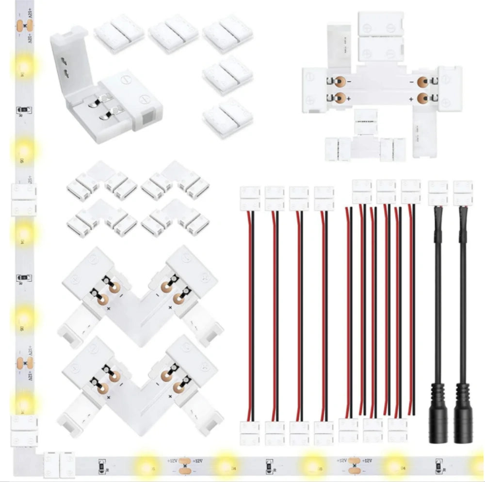 LED-Streifen-Anschlusssatz – 10 mm 2-poliges lötfreies Sortimentspaket | Gemischtes Set mit Streifen zu Kabel / Streifen zu Streifen / L / T / DC-Stecker – Lokaler Lagerbestand US/UK