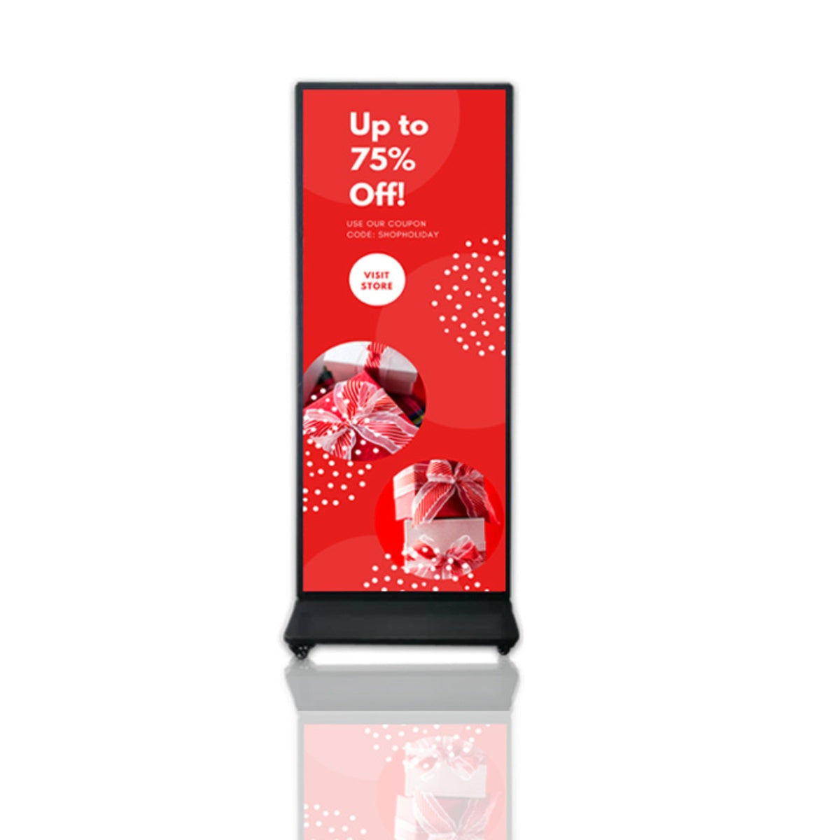 Lecteur publicitaire LCD simple face d'intérieur 65'' avec base roulante | Android RK3568 2 Go + 16 Go | Non tactile / Infrarouge / Tactile capacitif | CMS préinstallé