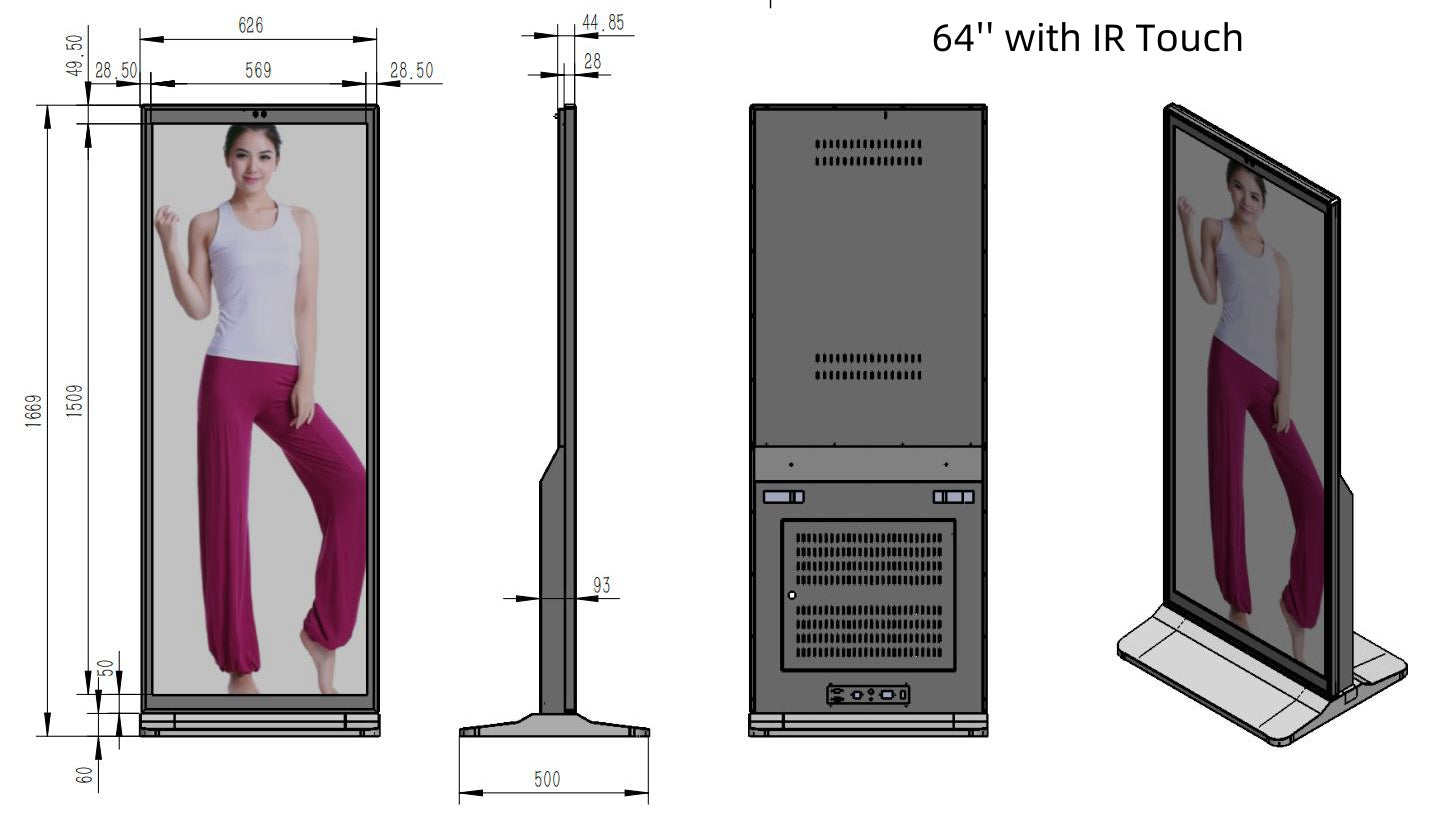 Lecteur publicitaire LCD simple face d'intérieur 65'' avec base roulante | Android RK3568 2 Go + 16 Go | Non tactile / Infrarouge / Tactile capacitif | CMS préinstallé