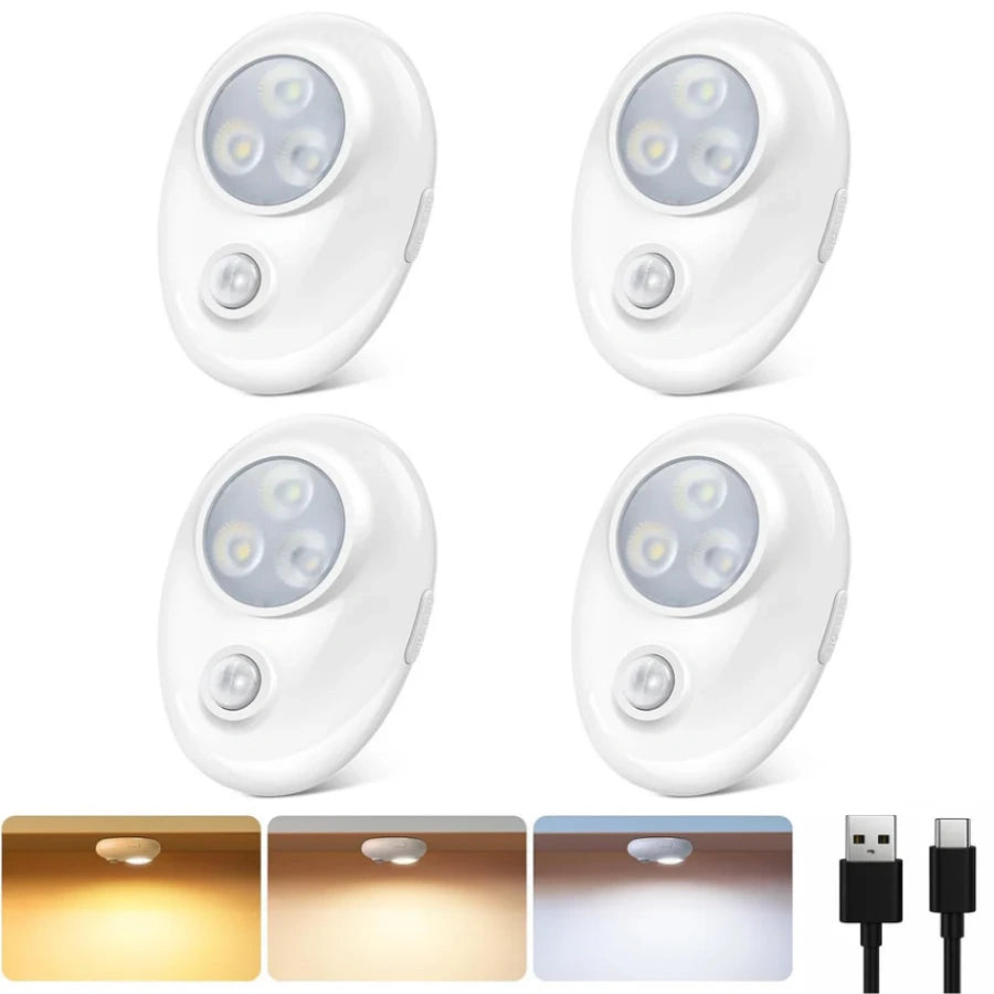 4er/6er-Pack wiederaufladbare Pebble LED-Schrankleuchte | 3 LEDs, 3 Farbmodi (3000 K / 4000 K / 6000 K) | Bewegungssensor, Tippschalter, dimmbar | Weißes Finish | Magnetbefestigung