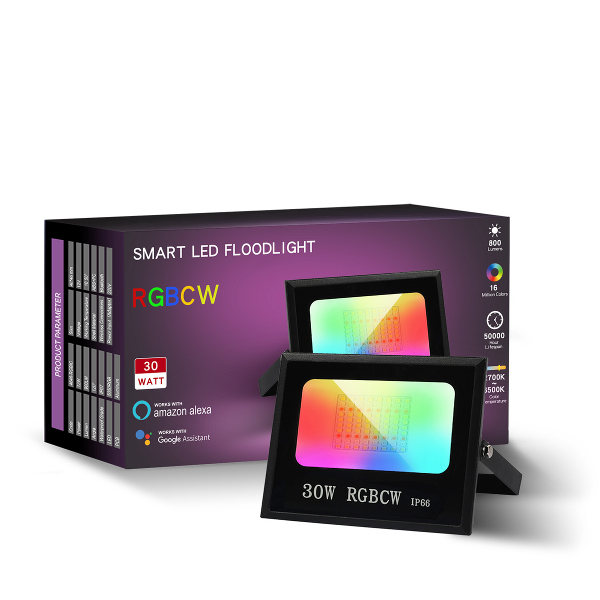 2er-Pack 30 W RGBCW LED-Flutlicht für den Außenbereich, WiFi, Bluetooth, RGBCW 2700 K – 6500 K und 16 Millionen Farben, LED-Landschaftslichter, IP66 wasserdicht