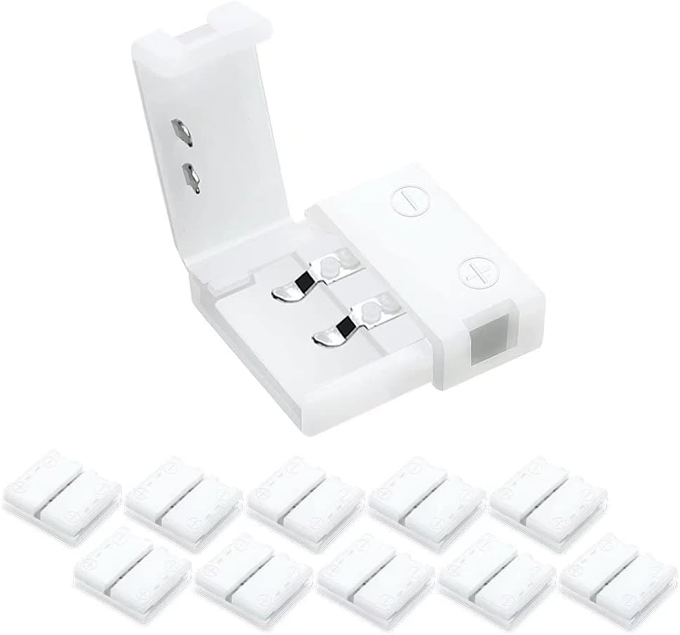 LED-Streifenverbinder – 8 mm 2-polige lötfreie Clips | Streifen zu Kabel / Streifen zu Streifen / DC-Adapter / L / T – 10er-Pack | Lokaler Lagerbestand US/UK