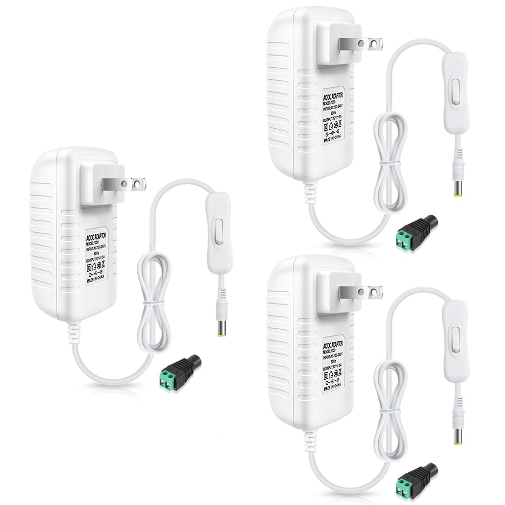 12-V-Netzteiladapter 12 W/24 W/36 W, AC 100–240 V Eingang, Wandstecker-Transformator, weißes Gehäuse – US-Stecker, LED-Treiber für Streifen/CCTV/Elektronik