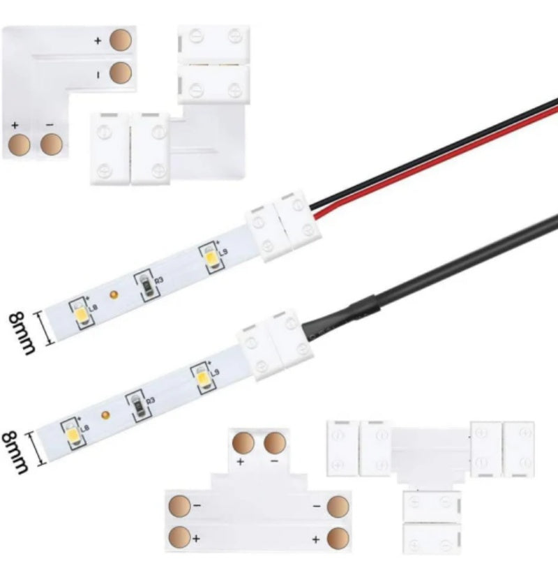 LED Strip Connectors – 10mm 2Pin Solderless Clips | Strip to Wire / Strip to Strip / DC Adapter / L / T – Local Stock US/UK