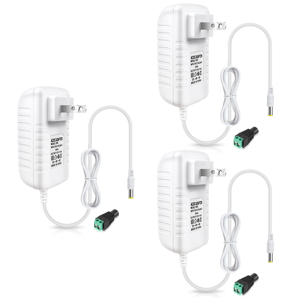 12-V-Netzteiladapter 12 W/24 W/36 W, AC 100–240 V Eingang, Wandstecker-Transformator, weißes Gehäuse – US-Stecker, LED-Treiber für Streifen/CCTV/Elektronik