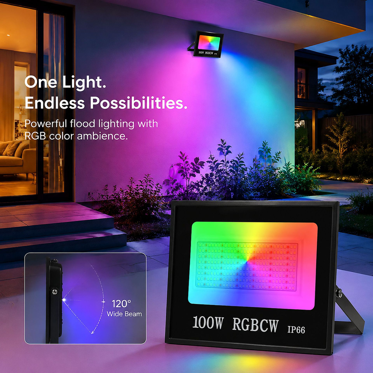 2er-Pack 30 W RGBCW LED-Flutlicht für den Außenbereich, WiFi, Bluetooth, RGBCW 2700 K – 6500 K und 16 Millionen Farben, LED-Landschaftslichter, IP66 wasserdicht