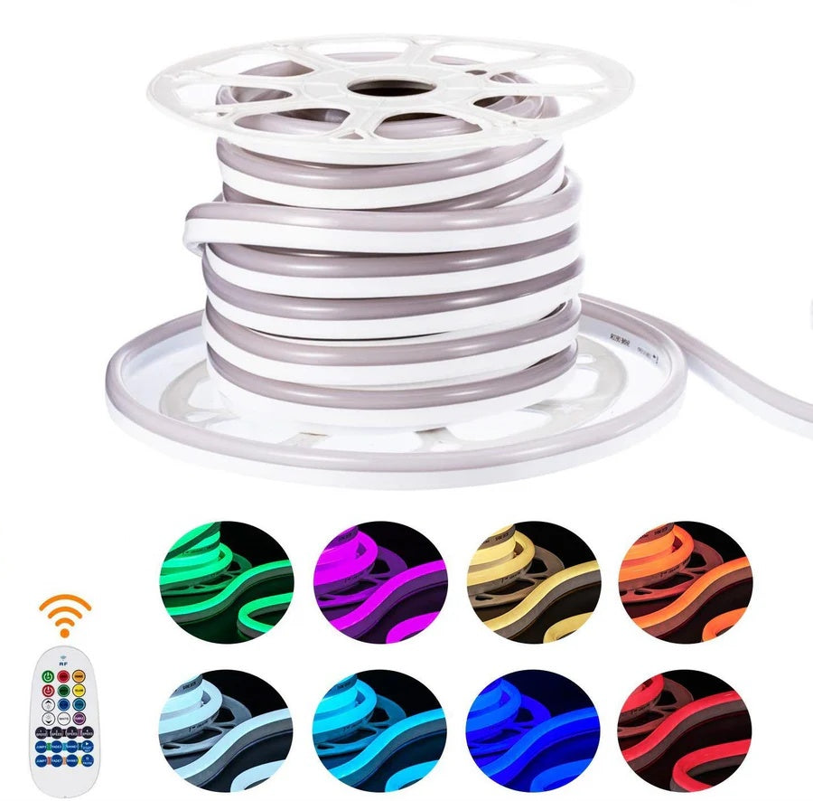 High Voltage RGB LED Neon Rope Light - 10x20mm | SMD5050 60 LEDs/M | AC110V / 220V Flexible Neon LED Strip | 12W/M | IP65 Waterproof Cuttable Neon Flex for Indoor & Outdoor Decoration | with Remote Control, Power Plug | 10/50M