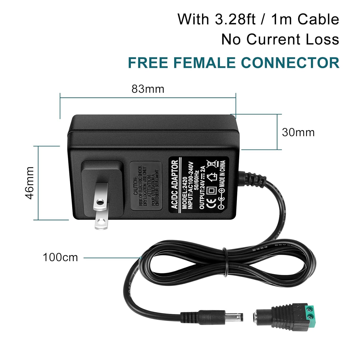 DC 24 V Netzteiladapter 48 W–72 W, AC 100–240 V auf 24 V Schalttransformator, LED-Treiber-Wandstecker-Ladegerät mit US-Stecker, schwarzes Gehäuse