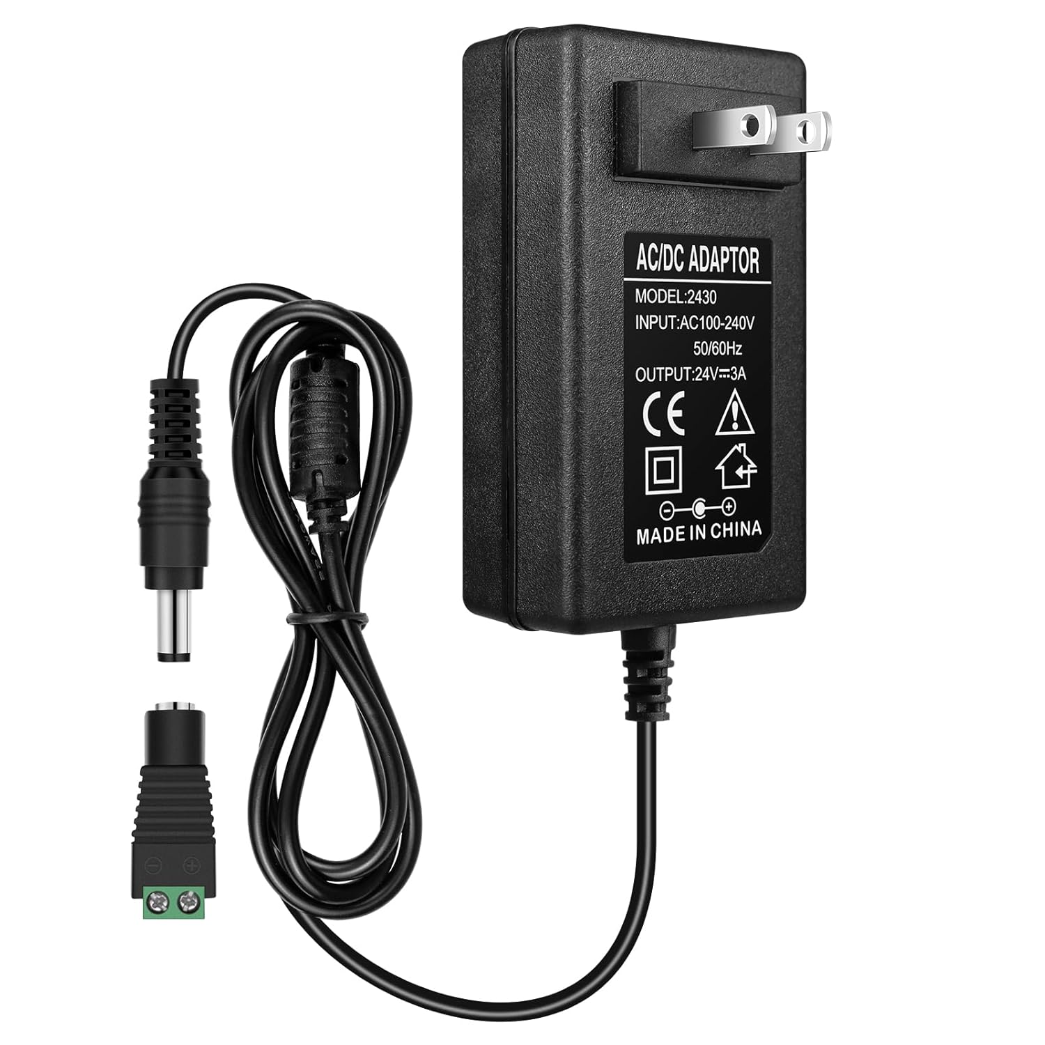 DC 24 V Netzteiladapter 48 W–72 W, AC 100–240 V auf 24 V Schalttransformator, LED-Treiber-Wandstecker-Ladegerät mit US-Stecker, schwarzes Gehäuse