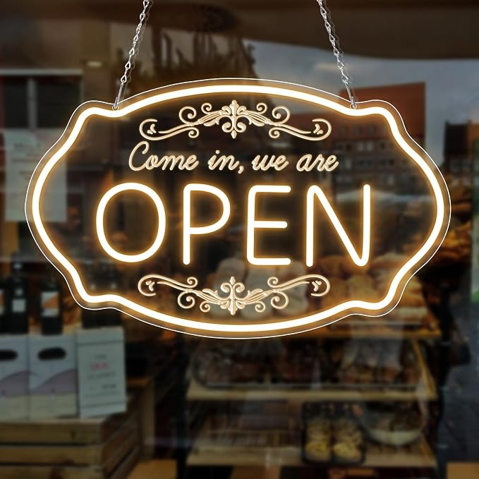 OPEN Neonschild – USB-betrieben | 43×22 cm (17×9 Zoll) | Horizontaler oder vertikaler Stil | Mehrfarbiges LED-Licht für Schaufenster und Geschäftsdekor