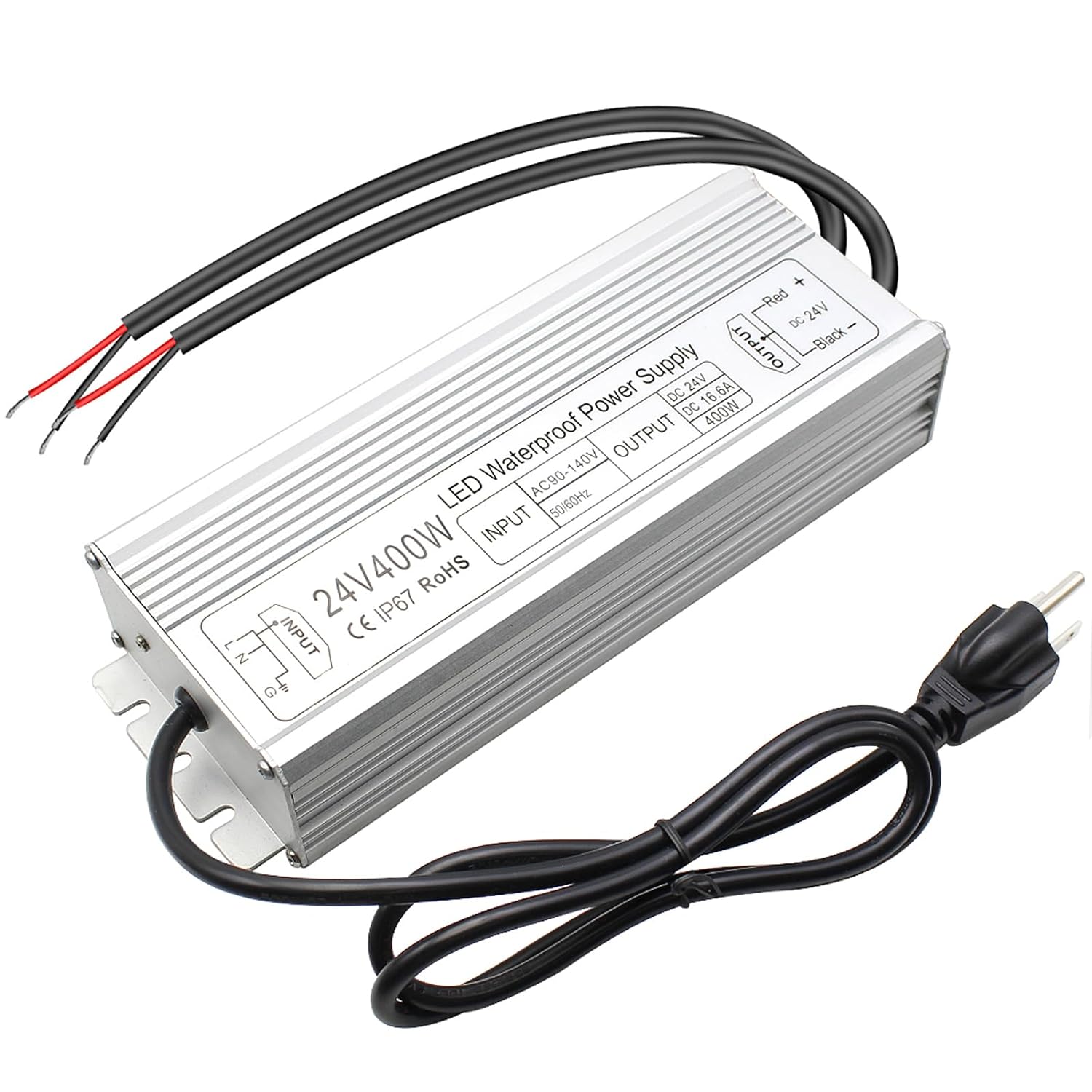 Wasserdichter 24-V-LED-Transformator, 90–140 V Eingang, 200 W–500 W, Einzel-/Doppelkabelausgang, CE/RoHS/FCC – US-Stecker und Kabel, Außenbeleuchtungsadapter