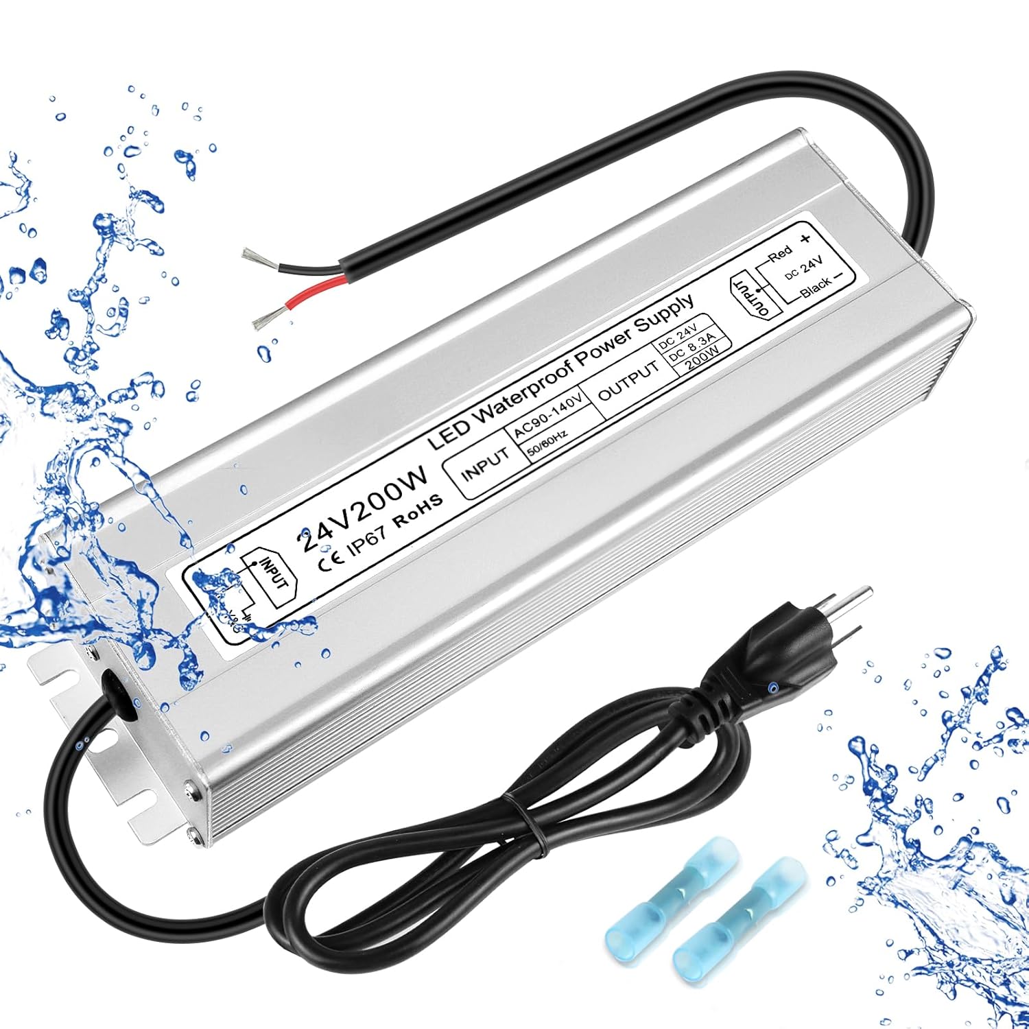 Wasserdichter 24-V-LED-Transformator, 90–140 V Eingang, 200 W–500 W, Einzel-/Doppelkabelausgang, CE/RoHS/FCC – US-Stecker und Kabel, Außenbeleuchtungsadapter
