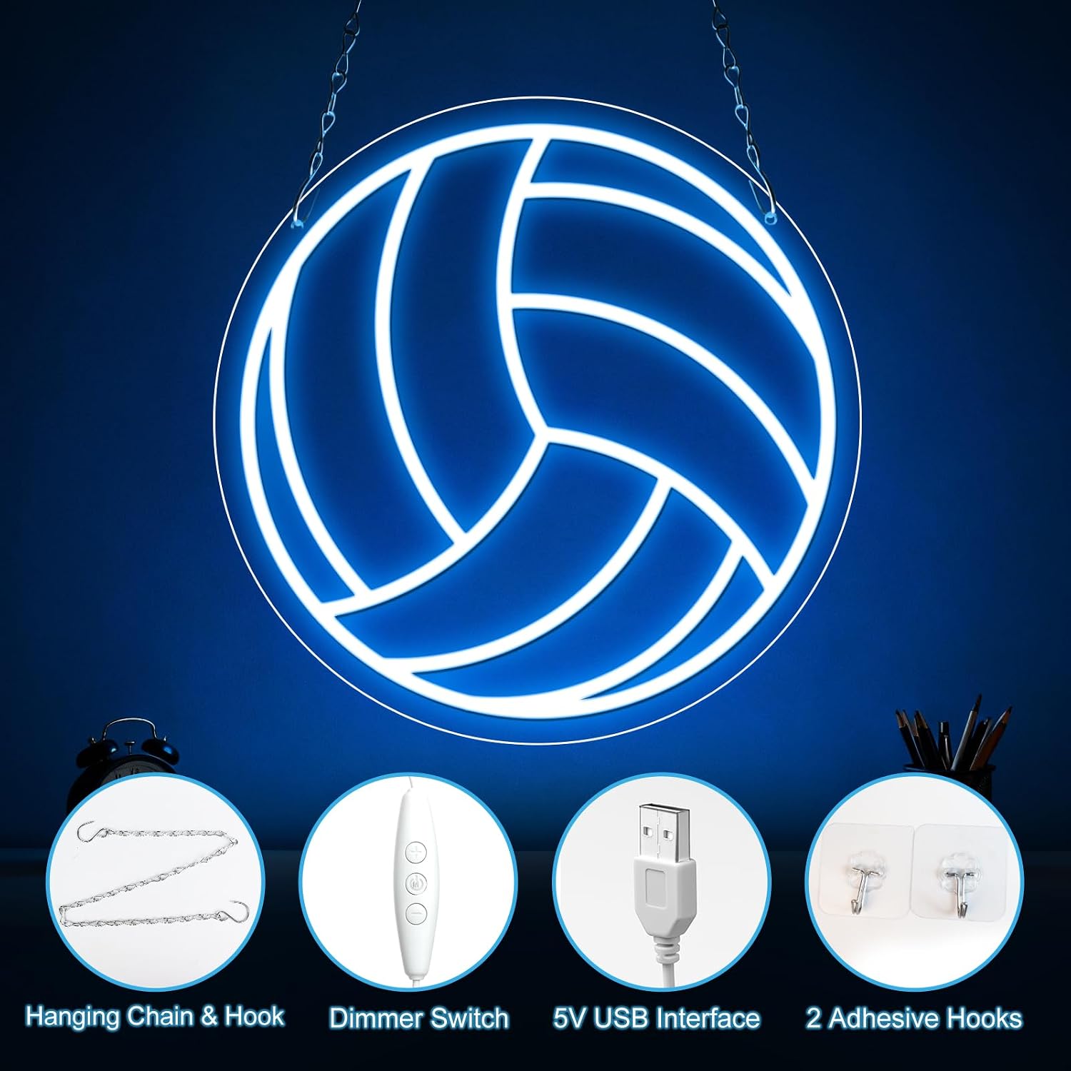 Good Vibes LED Sign – Volleyball Silicone Neon Sign – 12×12 Inch | 5V USB Powered Dimmable Ice Blue Glow LED Wall Light | Neon Lamp with Accessories Included | Hanging Sports Decor for Bedroom, Game Room, Bar & Party Spaces