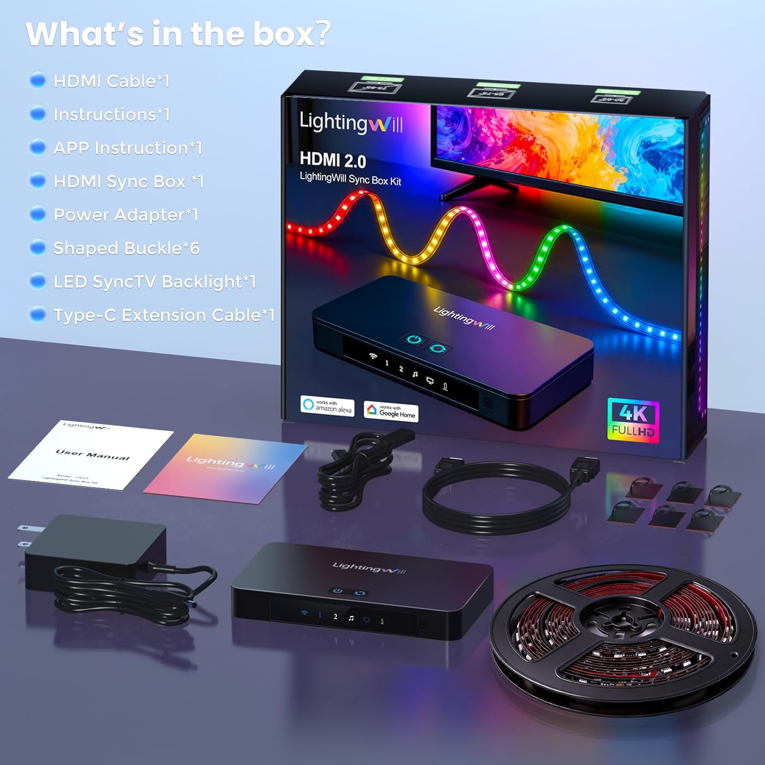 LightingWill CST3 HDMI 2.0 Sync Box TV Backlight Strip Kit - 9.8FT / 12.5FT / 16.4FT Smart RGBIC LED Strip Sync with Screen | Supports 4K@60Hz | 72 LEDs/m |Sync to Movies, Games | Compatible with PS5/Xbox/PC