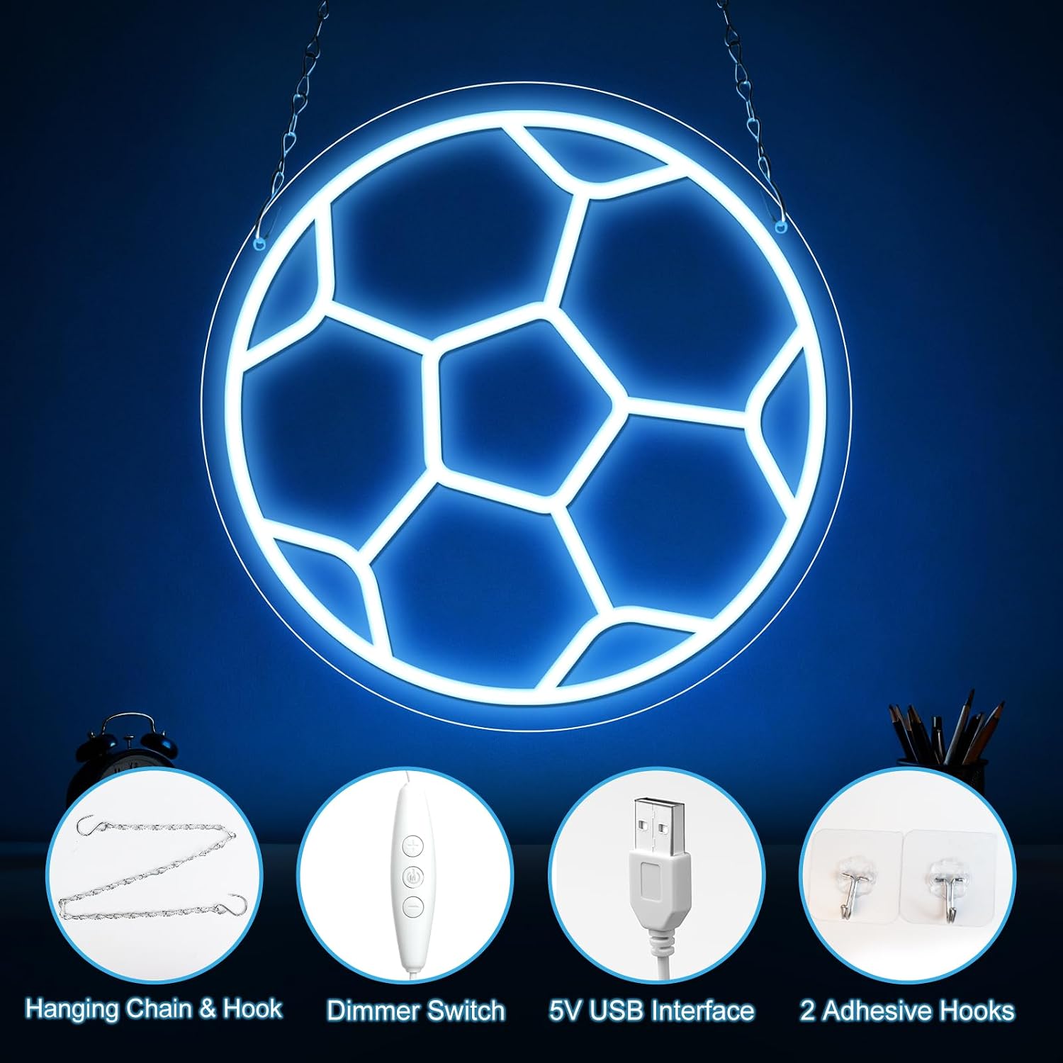Good Vibes LED Sign – Soccer Ball Silicone Neon Sign – 12×12 Inch | 5V USB Powered Dimmable Ice Blue Glow LED Wall Light | Neon Lamp with Accessories Included | Hanging Sports Decor for Bedroom, Game Room, Bar & Party Spaces