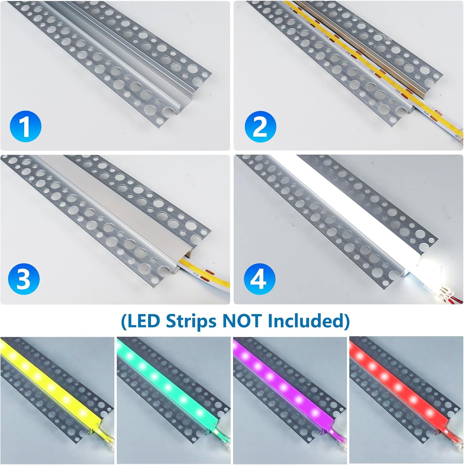 Double-Sided Plaster-in Drywall LED Aluminum Channels– Fit for 1 to 13mm LED Strip | 1Meter | Silver | Milky White Cover | 4 / 6 / 10 -Pack | Local Stock US/UK