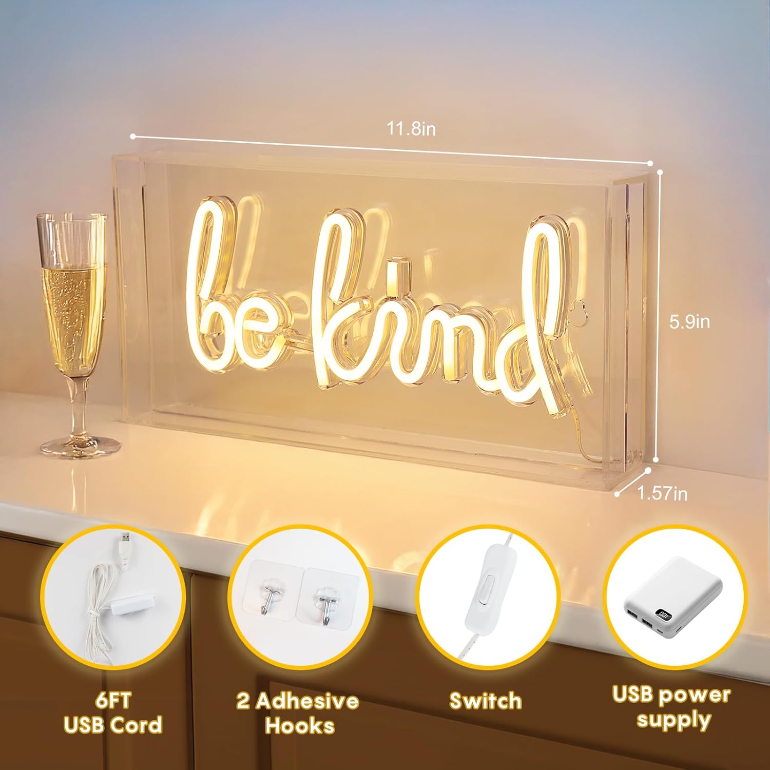 BE KIND Schreibtisch-Leuchtkastenschild – Rechteckig 12x6 Zoll | Warmweiß/Rosa | USB-betrieben | Tischdisplay | Für Mädchenzimmer, Schlafzimmer, Kneipe, Hotel, Strand, Hahn