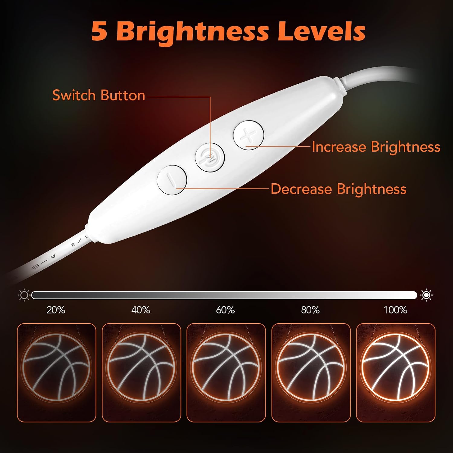 Good Vibes LED Sign – Basketball Silicone Neon Sign – 12.5×12.5 Inch | 5V USB Powered Dimmable Orange & White Glow LED Wall Light | Neon Lamp with Accessories Included | Hanging Sports Decor for Bedroom, Game Room, Bar & Party Spaces