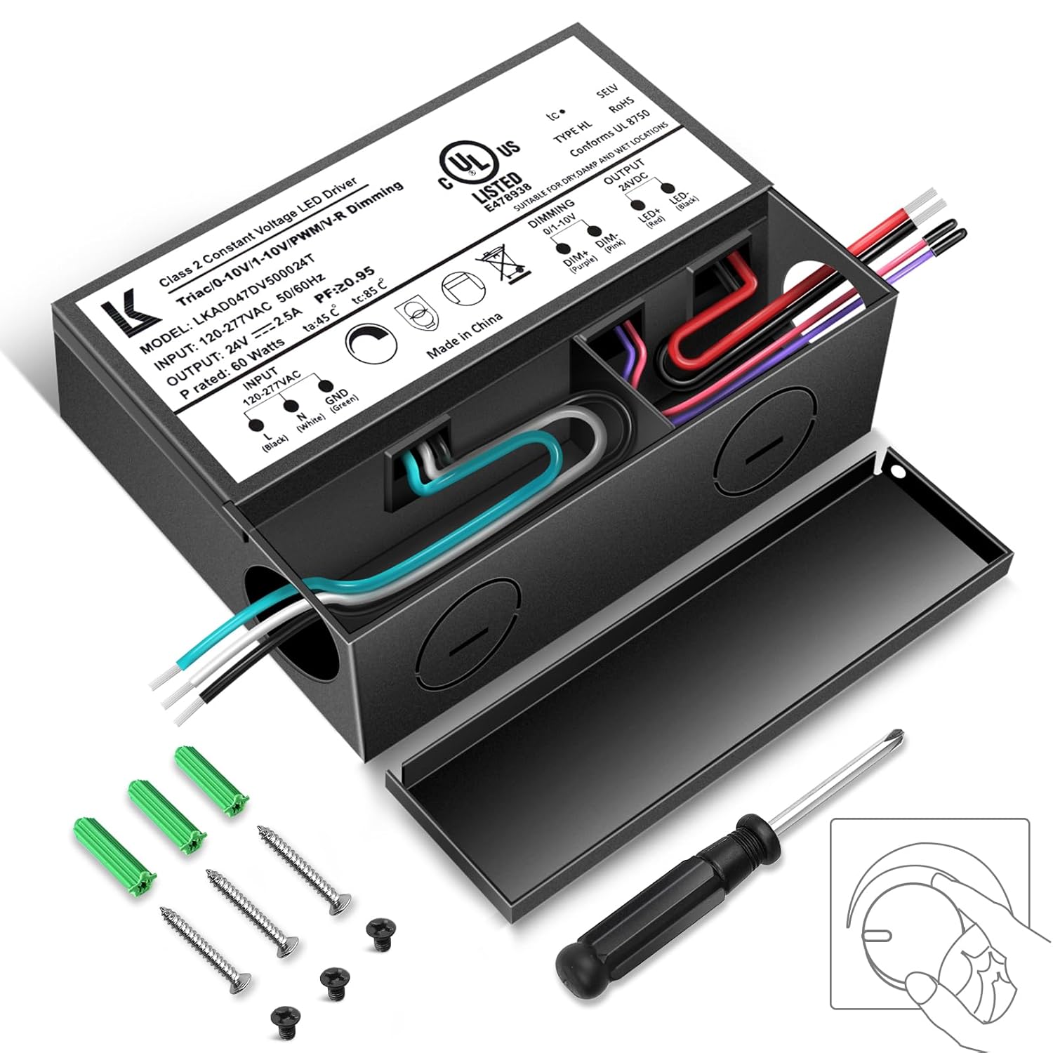Alimentation LED 24 V CC 5 en 1 à intensité variable, 60 W/100 W/200 W, homologuée UL, entrée CA 120–277 V, pilote étanche pour contrôle Triac/ELV/0-10 V/PWM/résistif