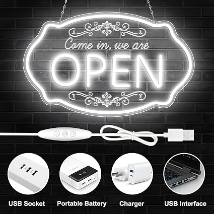 WIR HABEN GEÖFFNET – Neonschild – USB-betrieben | 41×20 cm (16×8 Zoll) | Pfeilförmiges LED-Fensterschild | 3 Farbkombinationen für die Schaufensteranzeige