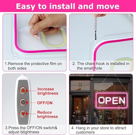 OPEN COB LED Sign – 22.8×11.8 Inch | 12V Powered Pink & White Glow Light | Horizontal & Vertical Style with US Plug for Storefront & Business Decor