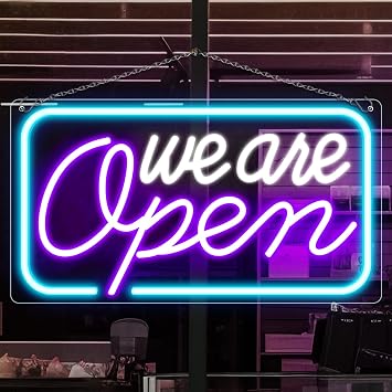 Enseigne néon « Nous sommes ouverts » – 5 couleurs de lumière | 60 x 32 cm | Suspension | Prêt à l'emploi pour vitrines