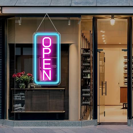 Enseigne néon verticale « OPEN » – Alimentation USB | 44 × 24 cm | 6 couleurs | Suspension LED pour vitrine