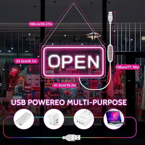 OPEN COB LED Sign – 22.8×11.8 Inch | 12V Powered Pink & White Glow Light | Horizontal & Vertical Style with US Plug for Storefront & Business Decor