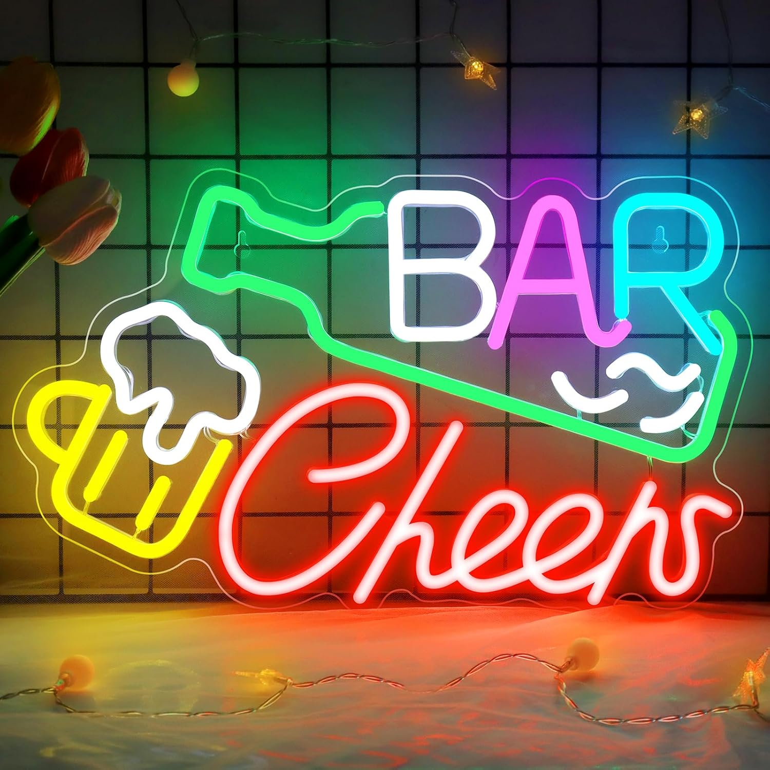 Panneau LED « Bar Cheers » – 41,9 × 24,9 cm | Éclat multicolore | Alimentation USB | Suspension | Idéal pour un éclairage d'ambiance dans un bar, un pub, un salon, une discothèque ou une fête