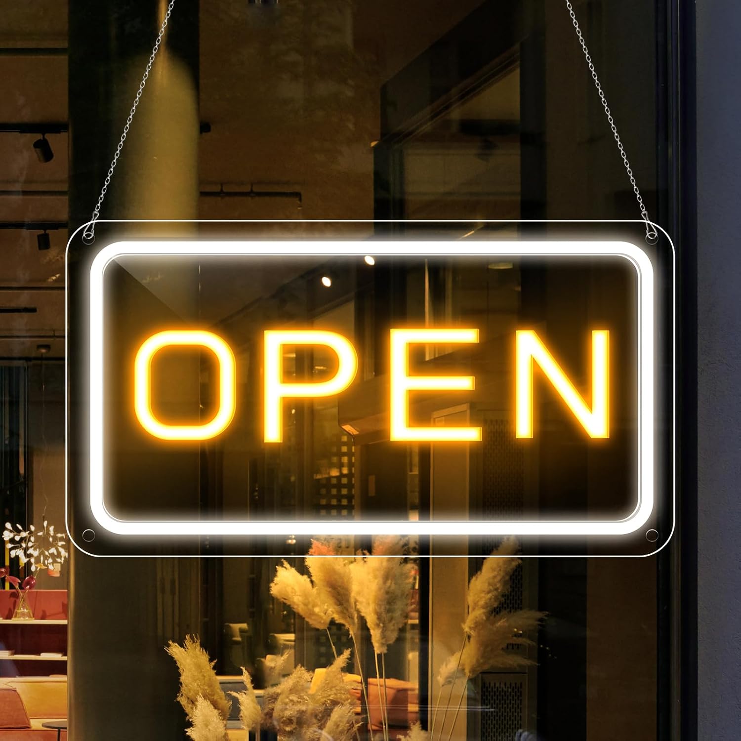 Enseigne néon OPEN – Alimentation USB | 44 x 24 cm | 6 couleurs disponibles | Suspension LED pour vitrine