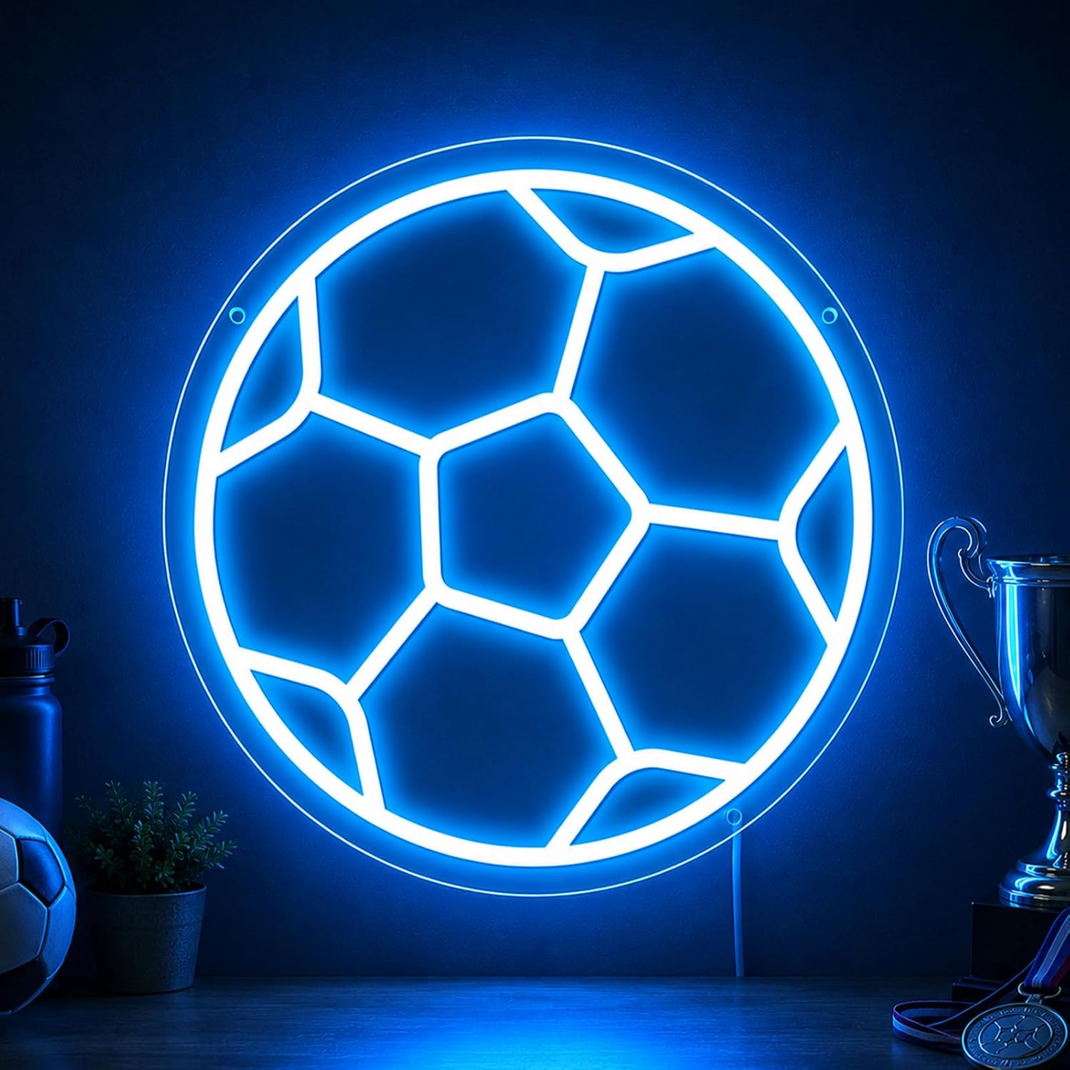 Good Vibes LED Sign – Soccer Ball Silicone Neon Sign – 12×12 Inch | 5V USB Powered Dimmable Ice Blue Glow LED Wall Light | Neon Lamp with Accessories Included | Hanging Sports Decor for Bedroom, Game Room, Bar & Party Spaces