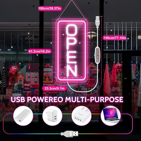 OPEN COB LED Sign – 22.8×11.8 Inch | 12V Powered Pink & White Glow Light | Horizontal & Vertical Style with US Plug for Storefront & Business Decor