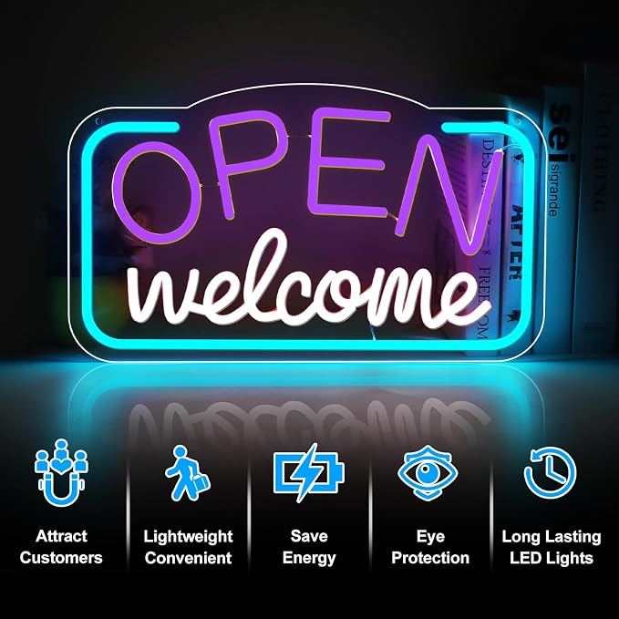 OPEN Welcome Silicone Neon Signs – USB Powered | 16.9×9.4 inch | LED Light for Storefront Window | 2 Color Options