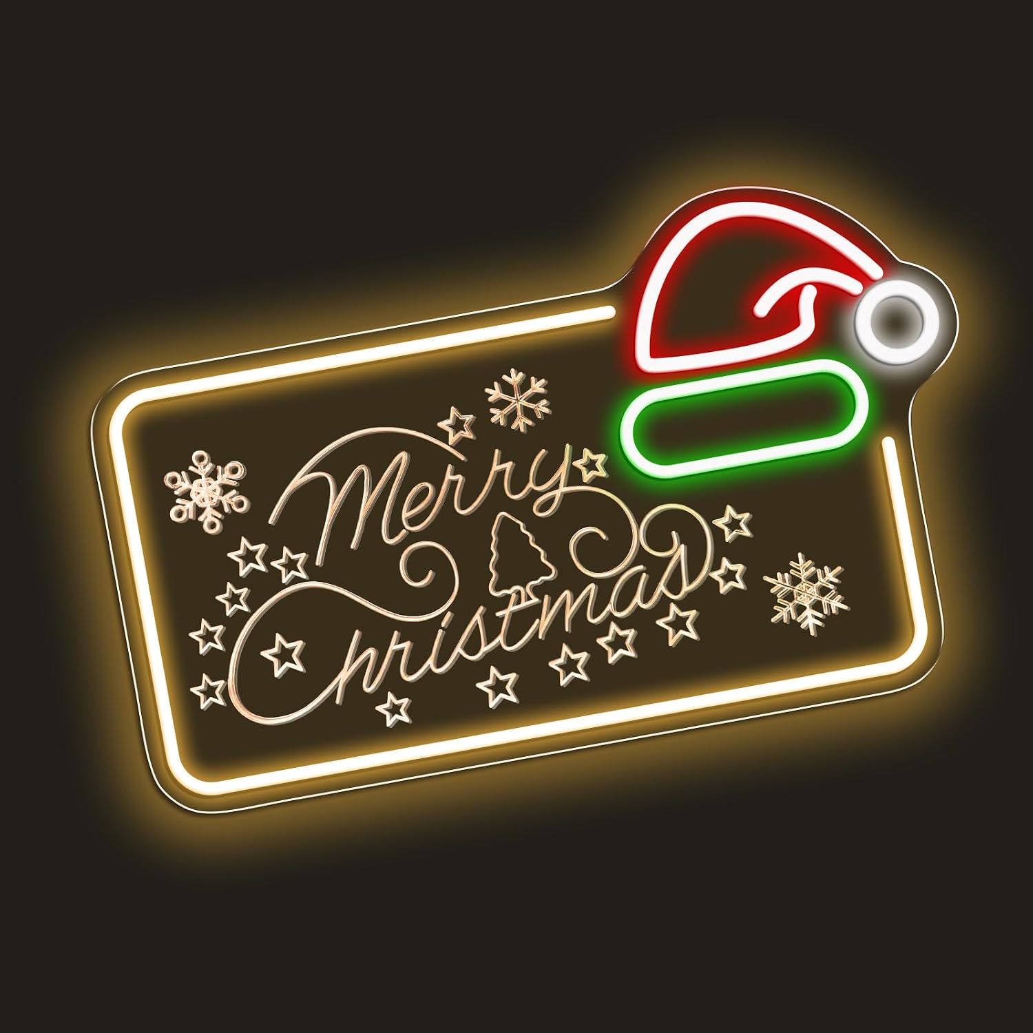 MERRY CHRISTMAS Mirror LED Sign – 16.5×10 Inch | 5V USB Powered Dimmable LED Light | Yellow, Red, Green & White Glow | Christmas Hat Design Hanging Sign with Accessories Included for Christmas Events, Retail Displays & Holiday Decorations