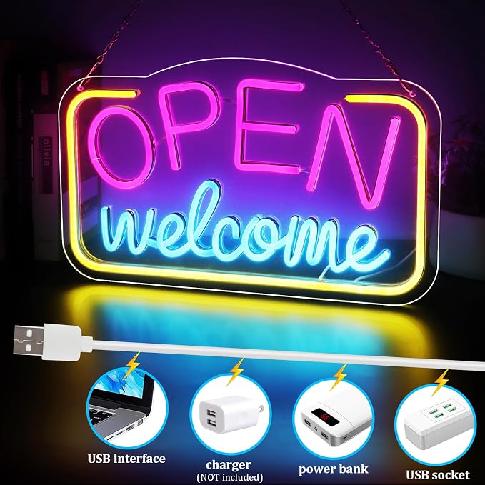 OPEN Welcome LED Silicone Neon Sign – 16×9 Inch (41×23 cm) Horizontal Style | USB Powered Pink, Blue & Yellow Glow Light for Storefront Window & Business Decor