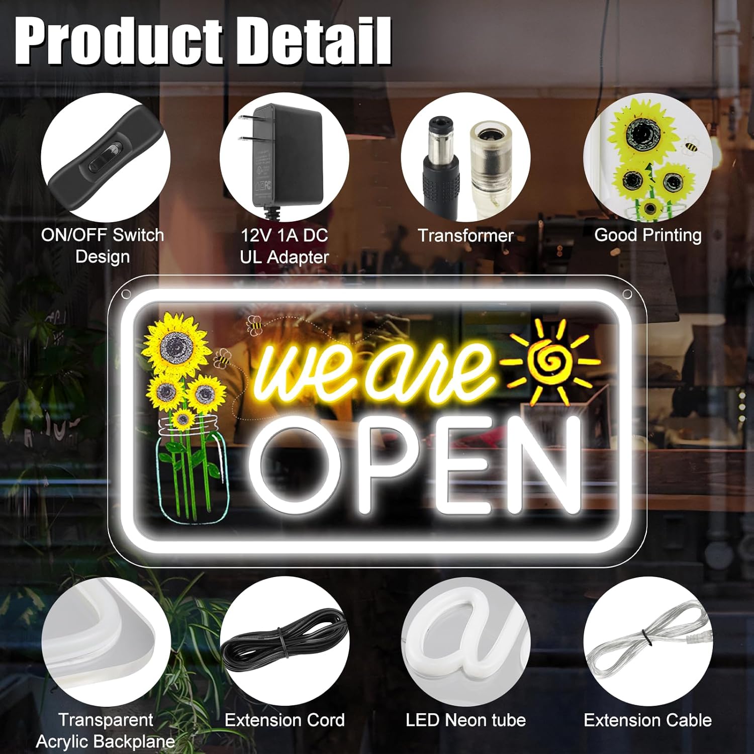 Enseigne verticale néon « Nous sommes ouverts » – Blanc chaud et éclat blanc | 43 cm x 23 cm / 58 cm x 30 cm | Suspension pour vitrine | Plug & Play pour vitrines