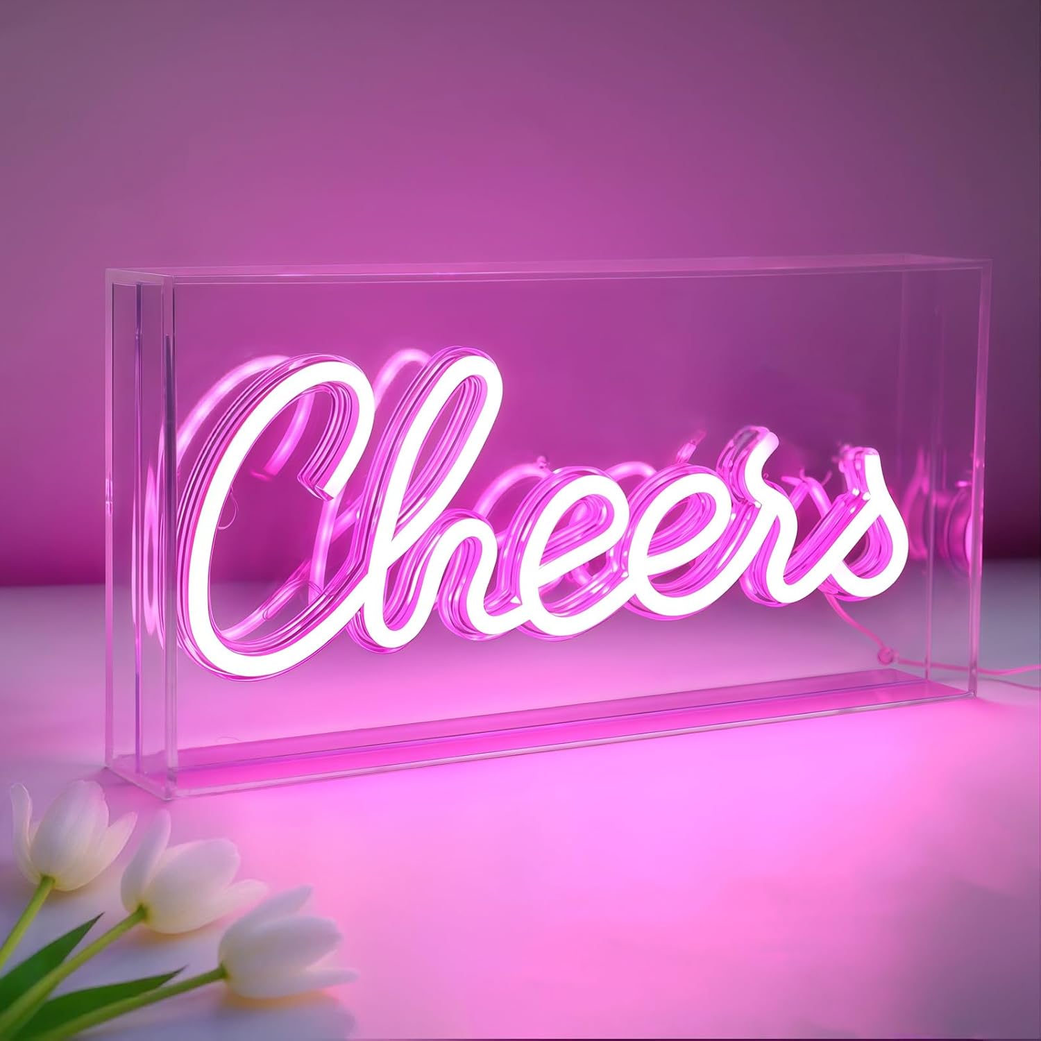 Panneau lumineux de bureau CHERRS – Rectangulaire 30,5 x 15,2 cm | Blanc chaud/rose | Alimentation USB | Présentoir de table | Pour chambre de fille, chambre à coucher, pub, hôtel, plage, bar à cocktails, cadeau de Noël