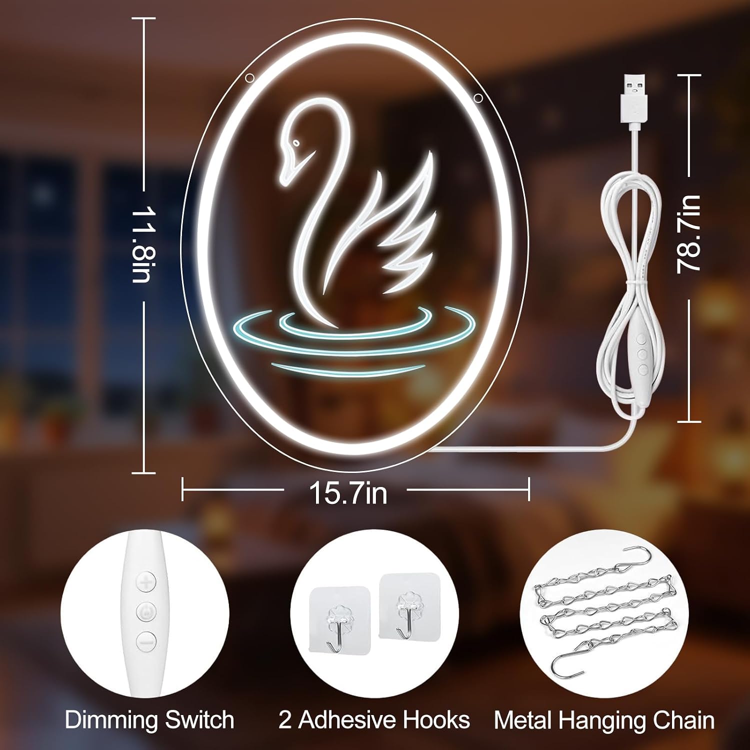 Good Vibes LED Sign – Swan Silicone Neon Sign – 15.7×11.8 Inch | 5V USB Powered Dimmable White Glow LED Wall Light | Engraved Design Neon Lamp with Accessories Included | Hanging Decor for Bedroom, Vanity Room, Home & Party Spaces