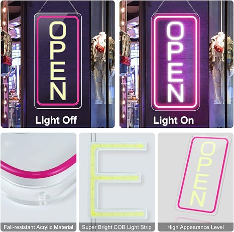 OPEN COB LED Sign – 22.8×11.8 Inch | 12V Powered Pink & White Glow Light | Horizontal & Vertical Style with US Plug for Storefront & Business Decor