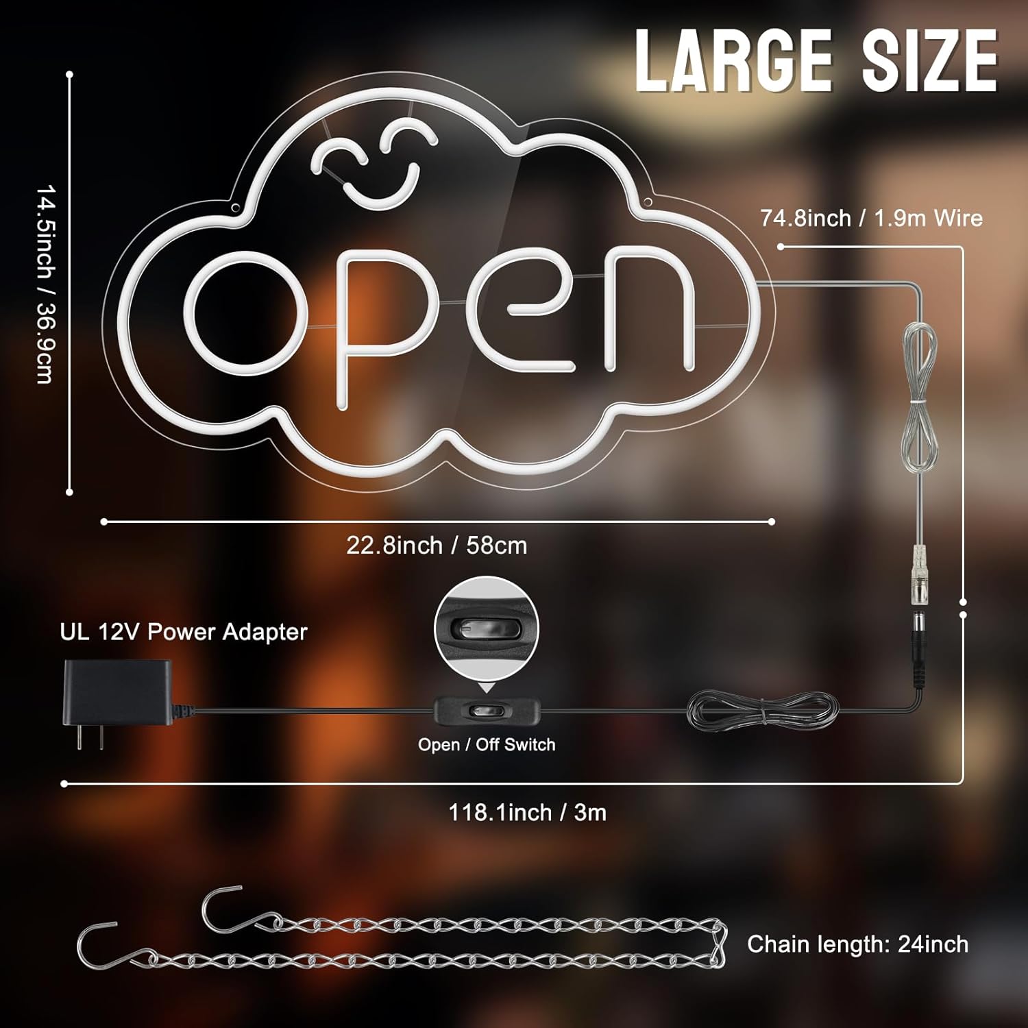 OPEN LED Sign – Cloud Shape | Fixed Rainbow Glow Neon Sign | 2 Sizes | Window Hanging | Plug & Play for Storefronts