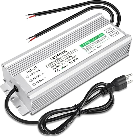 Wasserdichter 12-V-LED-Transformator, 90–140 V Eingang, 200 W–500 W, Einzel-/Doppelkabelausgang, CE/RoHS/FCC – US-Stecker und Kabeloptionen