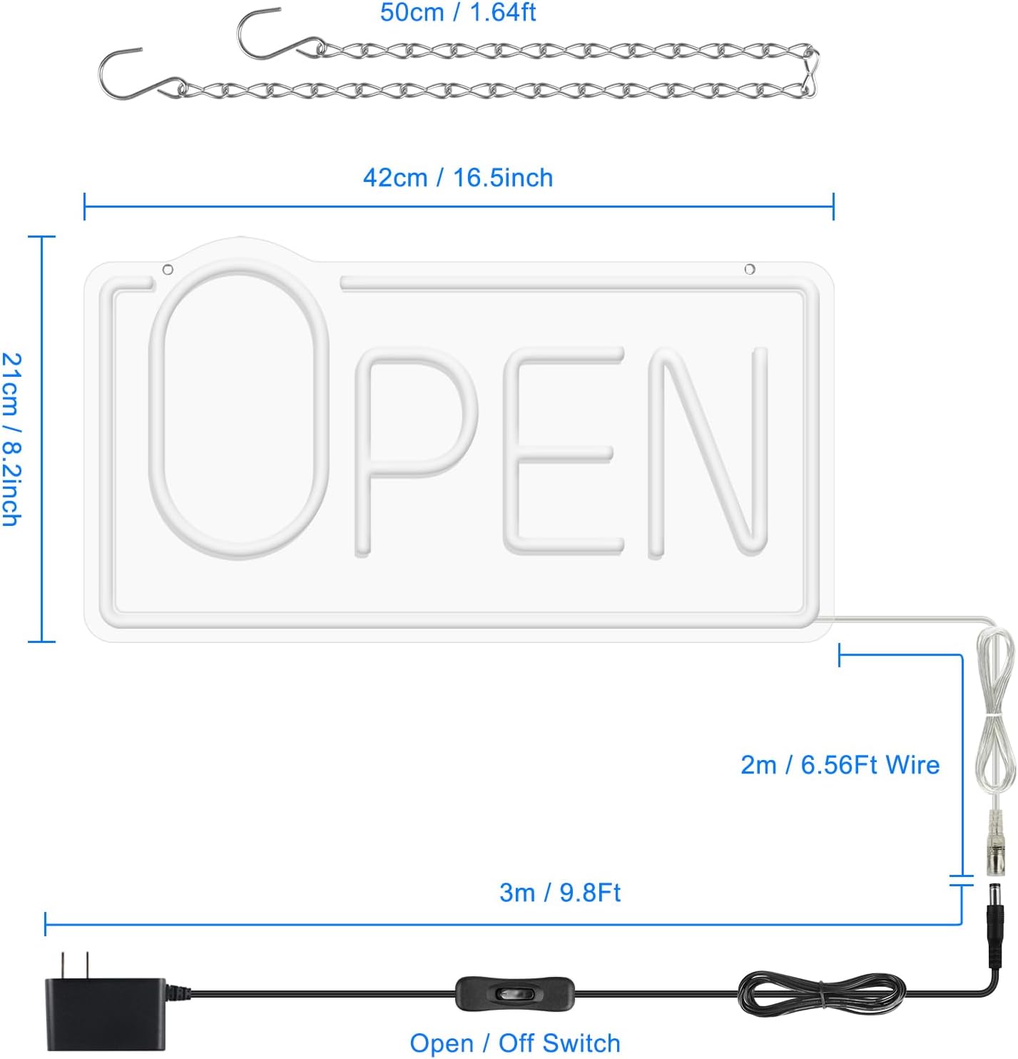 OPEN Neon Sign – Big “O” Style | 5 Glow Color Options | 17×9 inch (42×22 cm) | Window Hanging | Plug & Play for Storefronts