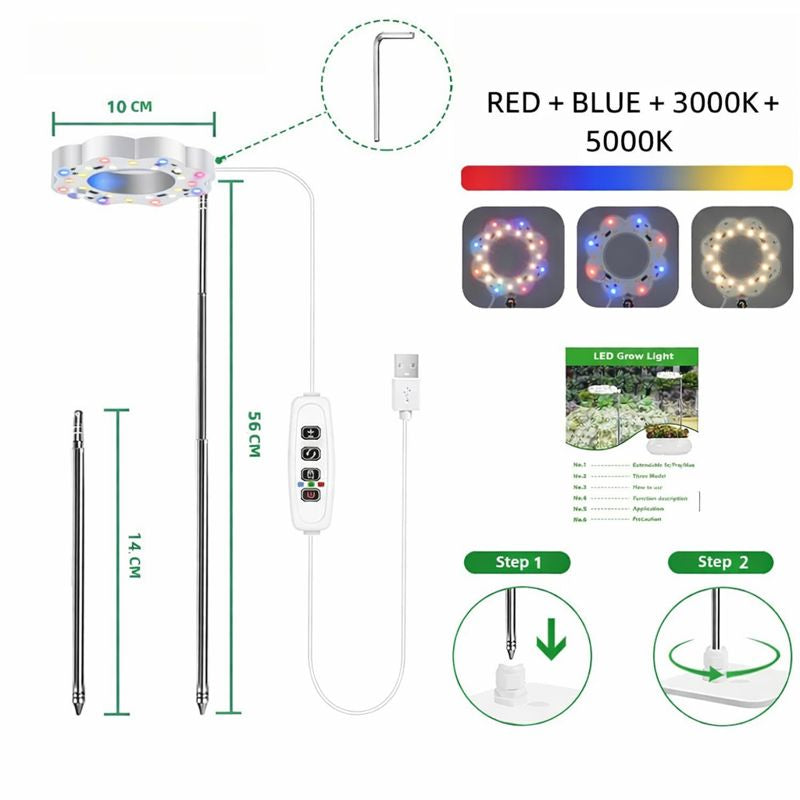 Potted Plants LED Grow Light - 5V | Height Adjustable | Auto On/Off Timer | Full Spectrum | Stake / Desk Base | Dimmable Brightness | Halo Plant Lamp for Indoor Plants Growing | USB Plug | 1 / 2 Pack